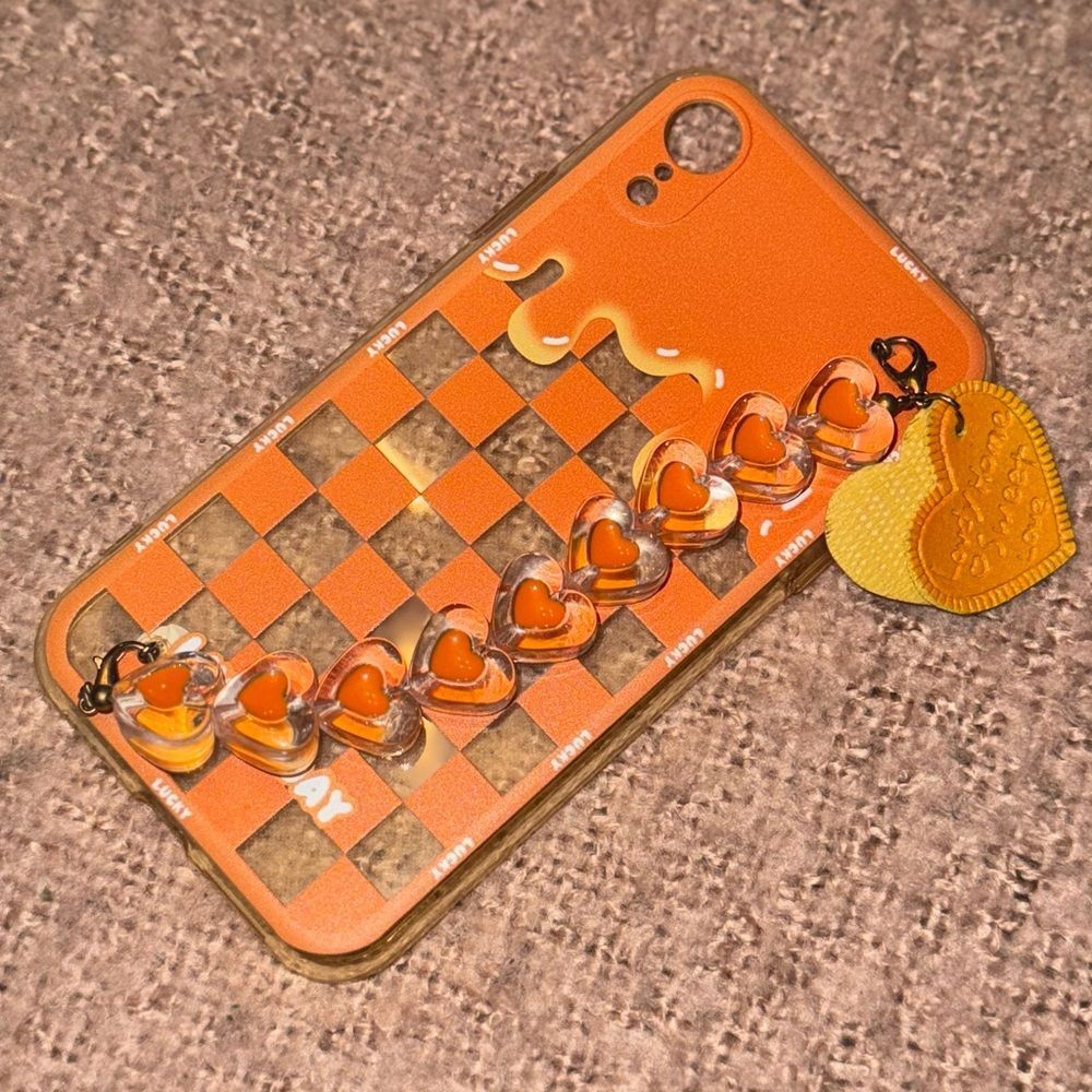 Orange Checkered Phone Case with Heart Charms